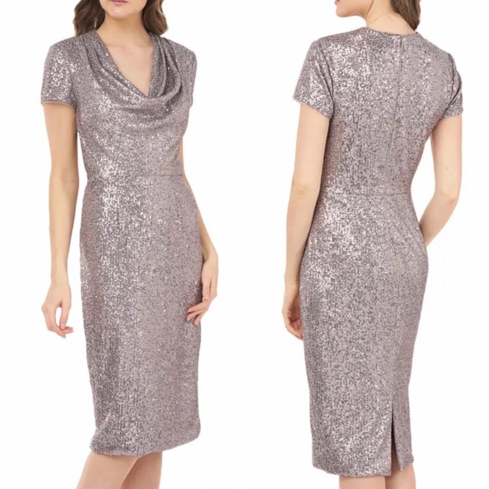 NWT JS Collections Sequin Dress Cowl Neck Knee Length Silver Metallic US 2 $268